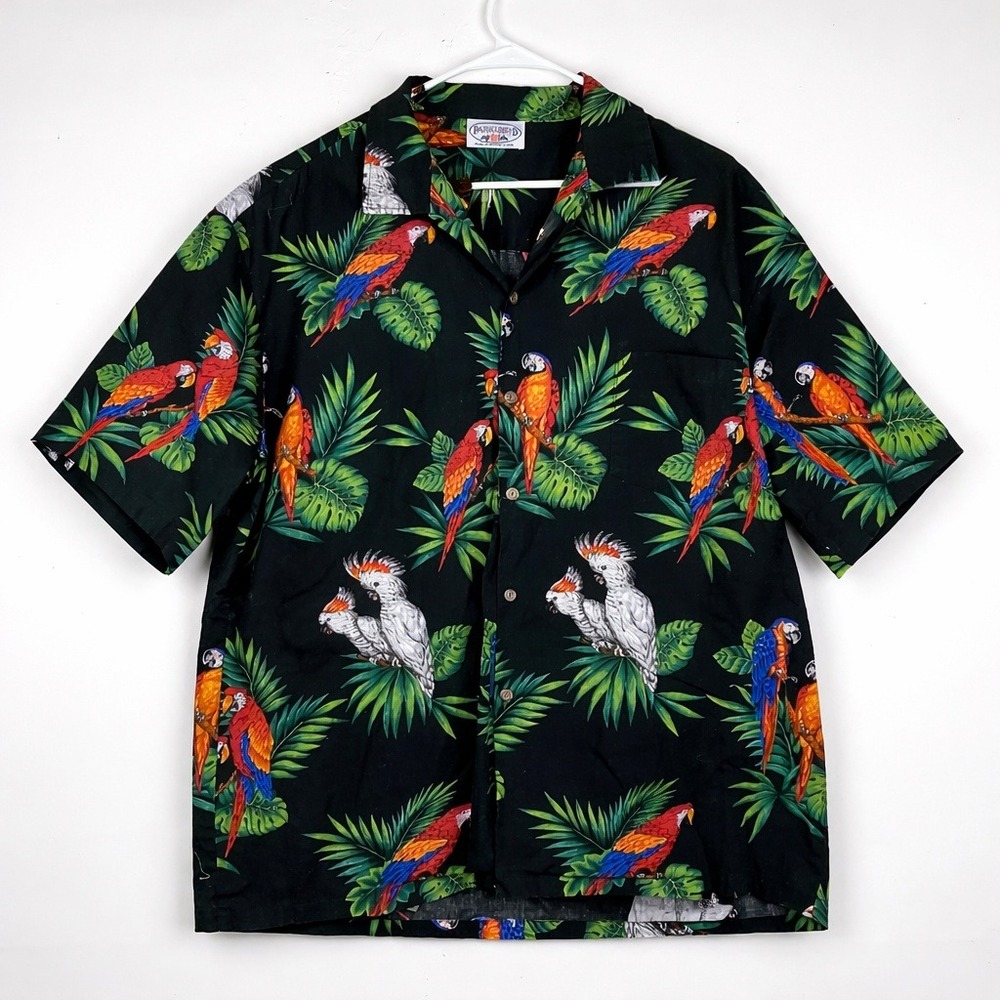 Pacific Legend Hawaiian Shirt Men 2XL Black Tropical Parrot Cotton Made in USA